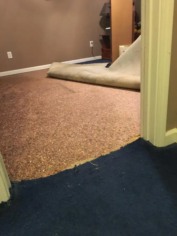 Carpet pad removal revealing water damage during Drying & Dehumidification in Harahan